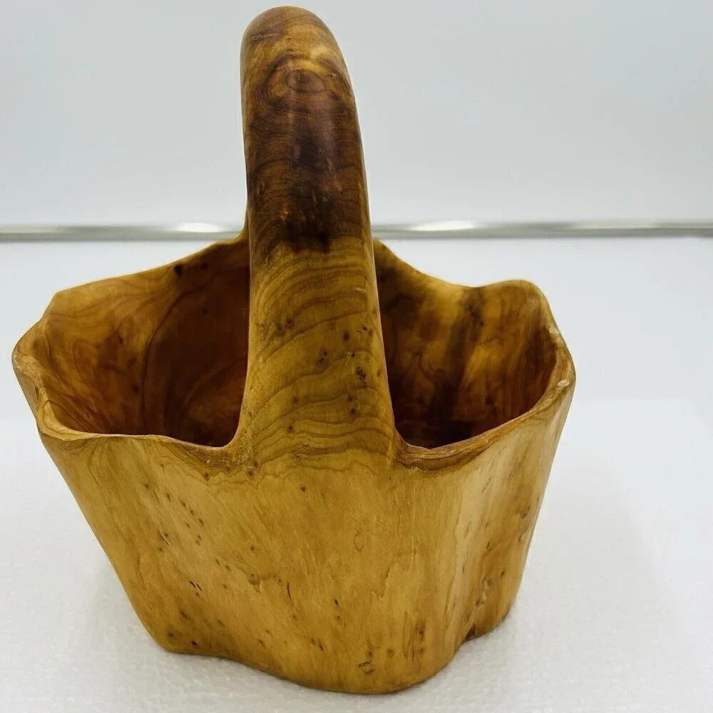 Hand Carved Burlwood Handled Basket Rustic Folk Art 8.5